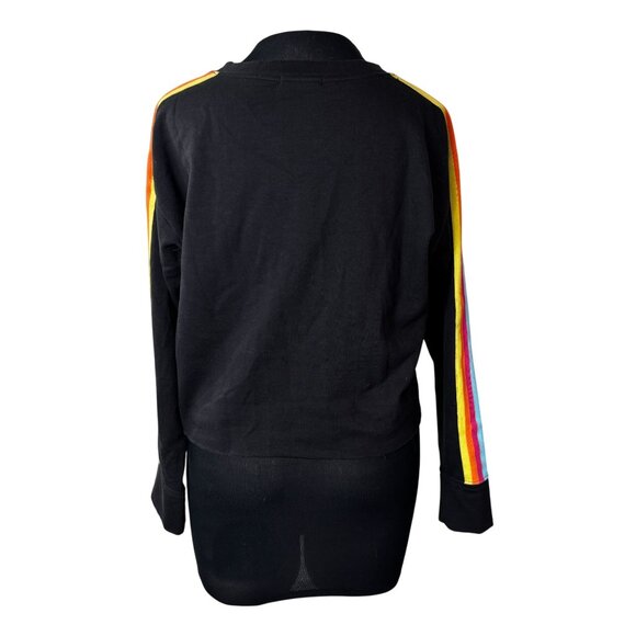 Black Knit Riot Cropped Sweatshirt With Blue Star & Rainbow Sleeve Stripes Women - Picture 3 of 11